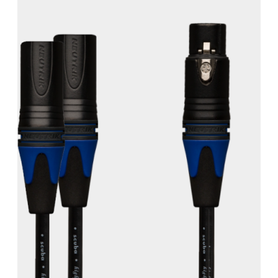 XLR 2 Way 0.5m Splitter Black Shell Gold Pin Neutrik Male and Female with Blue Boots