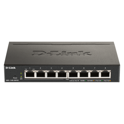 D-Link DGS-1100-08PV2 8-Port Gigabit Smart Managed Switch with 8 PoE+ ports. PoE budget 64W